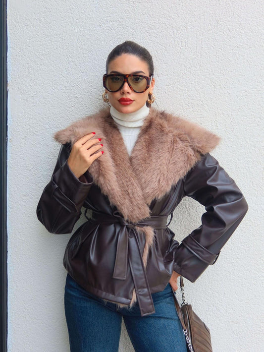 Kürk Yaka Kuşaklı Deri Ceket