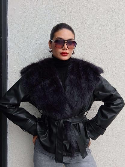 Kürk Yaka Kuşaklı Deri Ceket