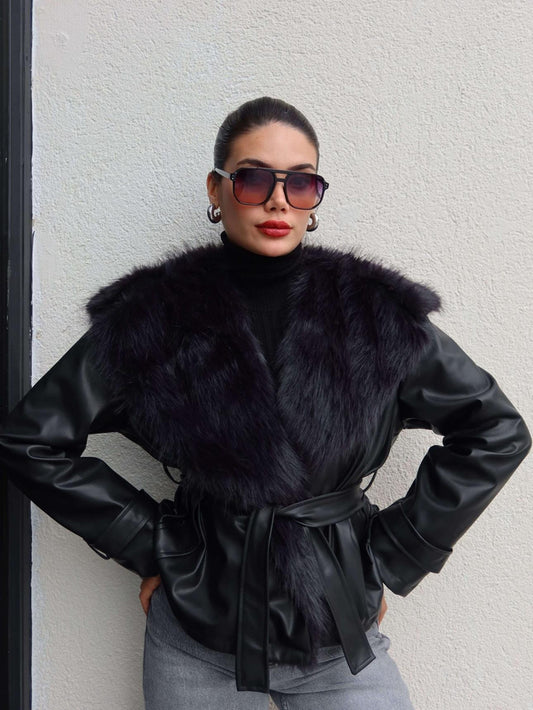 Kürk Yaka Kuşaklı Deri Ceket