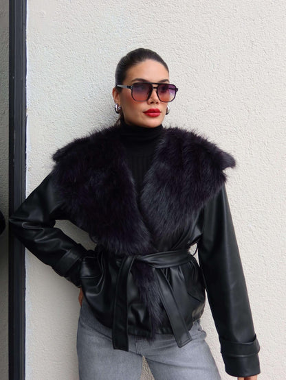 Kürk Yaka Kuşaklı Deri Ceket