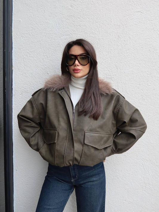 Kürk Yaka Suni Deri Ceket