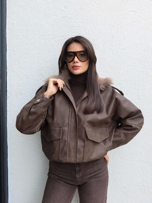 Kürk Yaka Suni Deri Ceket
