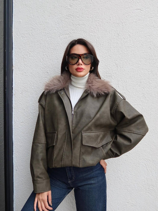 Kürk Yaka Suni Deri Ceket Haki