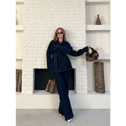 Kuşak Detaylı Denim Takım