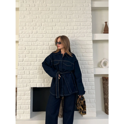 Kuşak Detaylı Denim Takım
