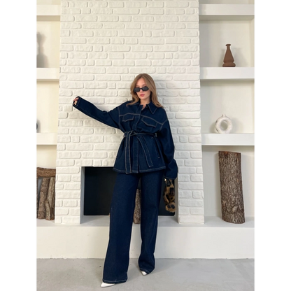 Kuşak Detaylı Denim Takım