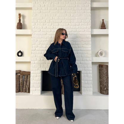 Kuşak Detaylı Denim Takım