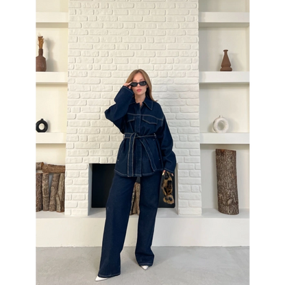 Kuşak Detaylı Denim Takım
