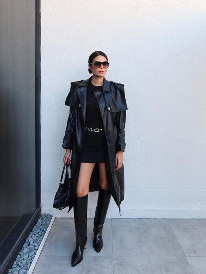 Kuşaklı Deri Trench Siyah