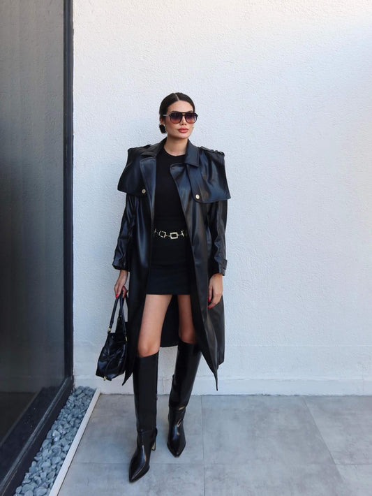 Kuşaklı Deri Trench