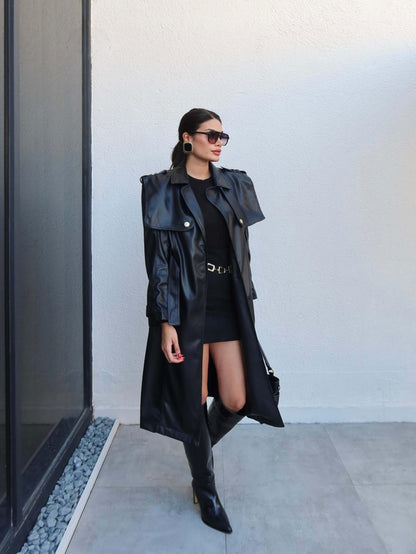 Kuşaklı Deri Trench Siyah