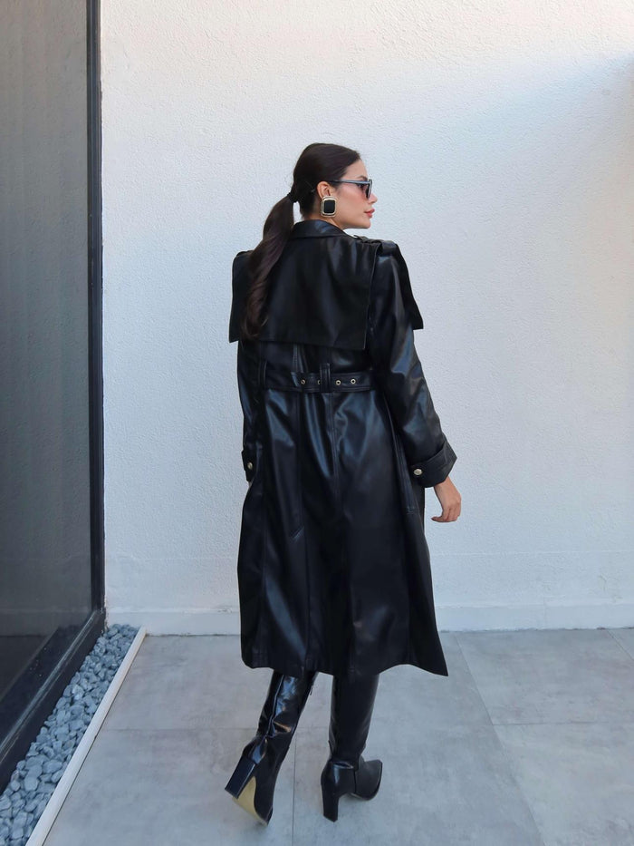 Kuşaklı Deri Trench Siyah