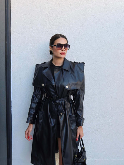 Kuşaklı Deri Trench