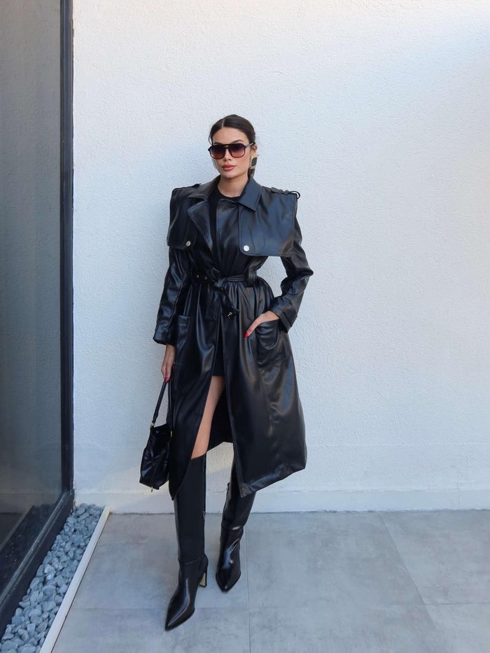 Kuşaklı Deri Trench Siyah