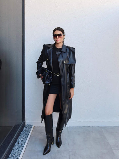 Kuşaklı Deri Trench