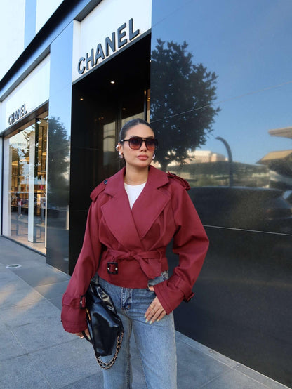 Kuşaklı Kısa Trench Bordo