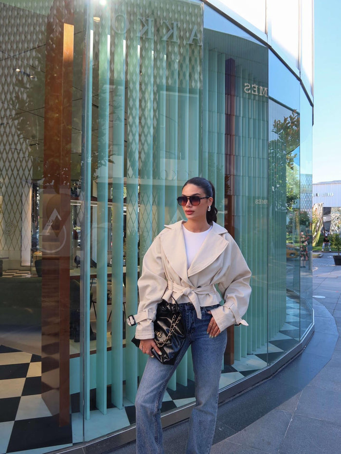 Kuşaklı Kısa Trench Taş Rengi