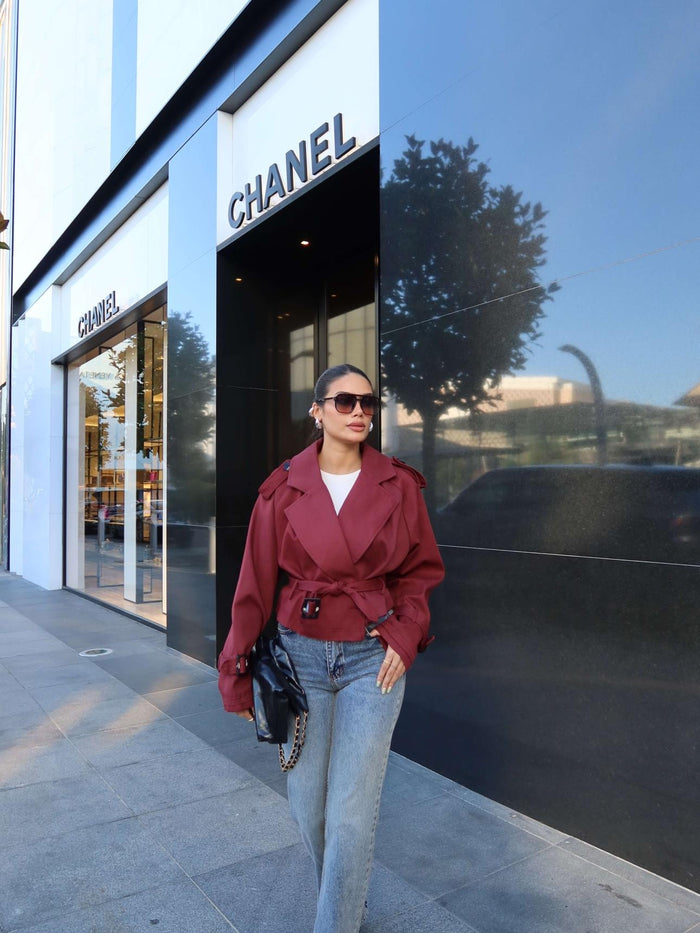 Kuşaklı Kısa Trench Bordo