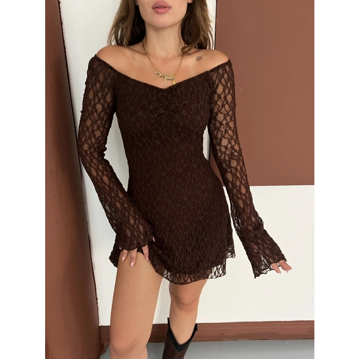 Madonna Yaka Dantel Detaylı Kısa Elbise Acı Kahve