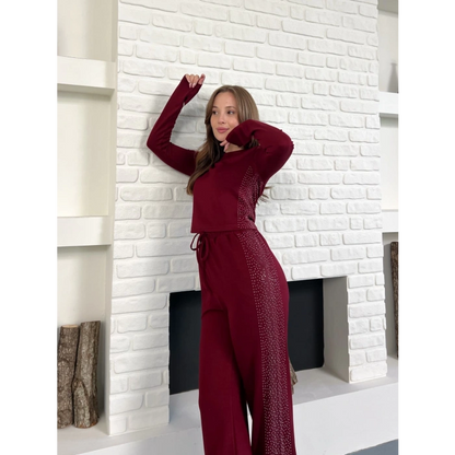 Modal Kumaş Taş Detay Takım Bordo