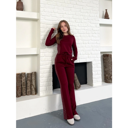 Modal Kumaş Taş Detay Takım Bordo
