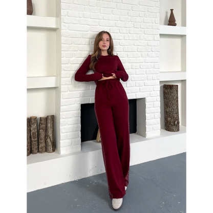 Modal Kumaş Taş Detay Takım Bordo