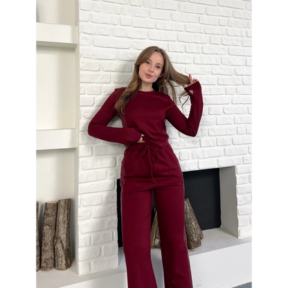 Modal Kumaş Taş Detay Takım Bordo