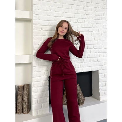 Modal Kumaş Taş Detay Takım Bordo