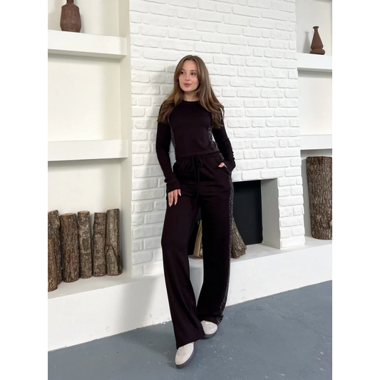 Modal Kumaş Taş Detay Takım Kahverengi