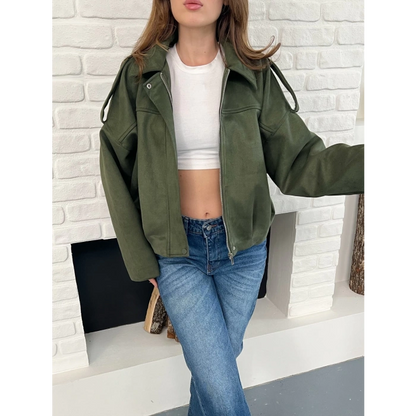 Yaka Peluş Detay Deri Ceket Yeşil