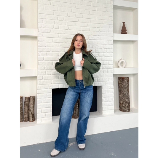Nubuk Fermuarlı Ceket Yeşil