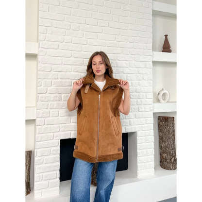 Nubuk Kürk Detaylı Yelek Taba