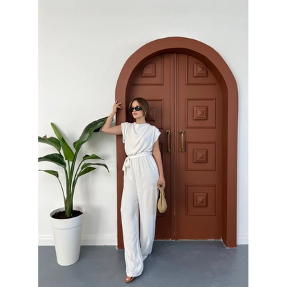 Omuz Vatkalı Bel Kuşaklı Premium Tulum Beyaz
