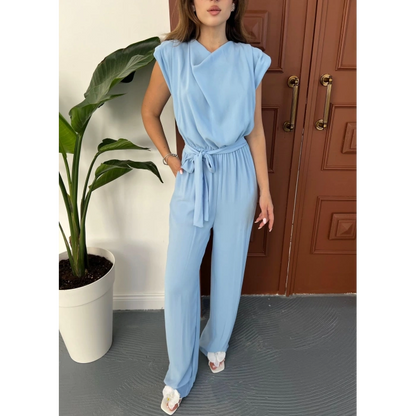 Omuz Vatkalı Bel Kuşaklı Premium Tulum Mavi