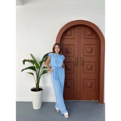 Omuz Vatkalı Bel Kuşaklı Premium Tulum Mavi