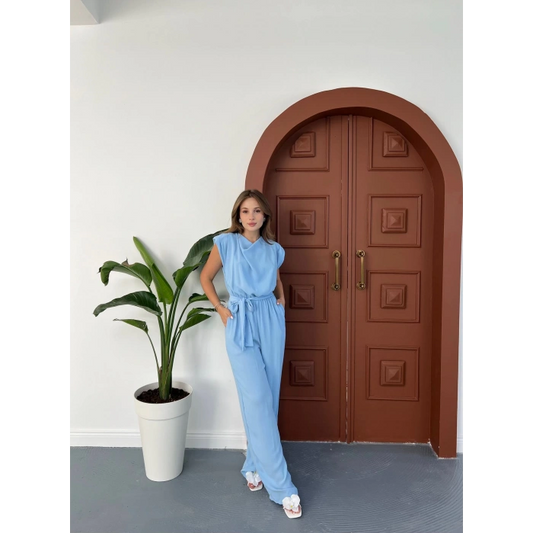 Omuz Vatkalı Bel Kuşaklı Premium Tulum Mavi