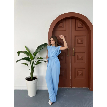 Omuz Vatkalı Bel Kuşaklı Premium Tulum Mavi