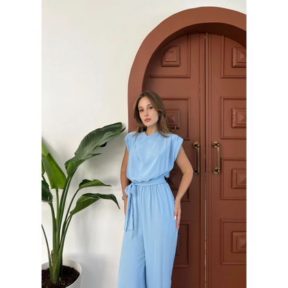 Omuz Vatkalı Bel Kuşaklı Premium Tulum Mavi