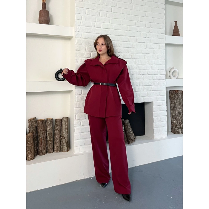 Omuz Vatkalı Kemerli İki Takım Bordo