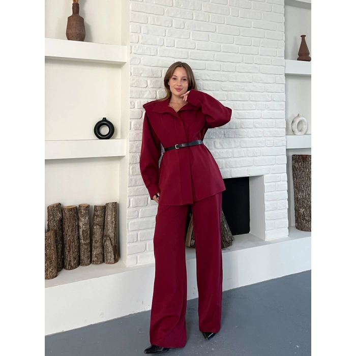 Omuz Vatkalı Kemerli İki Takım Bordo