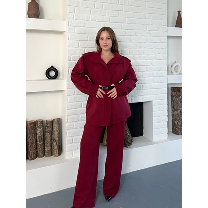Omuz Vatkalı Kemerli İki Takım Bordo