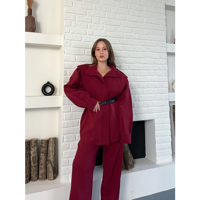 Omuz Vatkalı Kemerli İki Takım Bordo