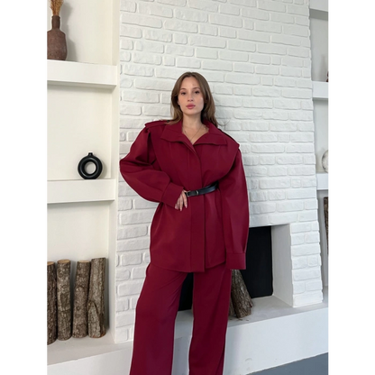 Omuz Vatkalı Kemerli İki Takım Bordo
