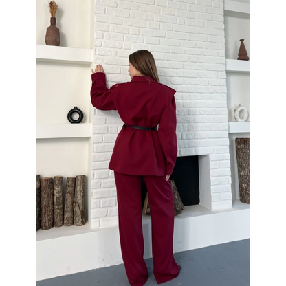 Omuz Vatkalı Kemerli İki Takım Bordo