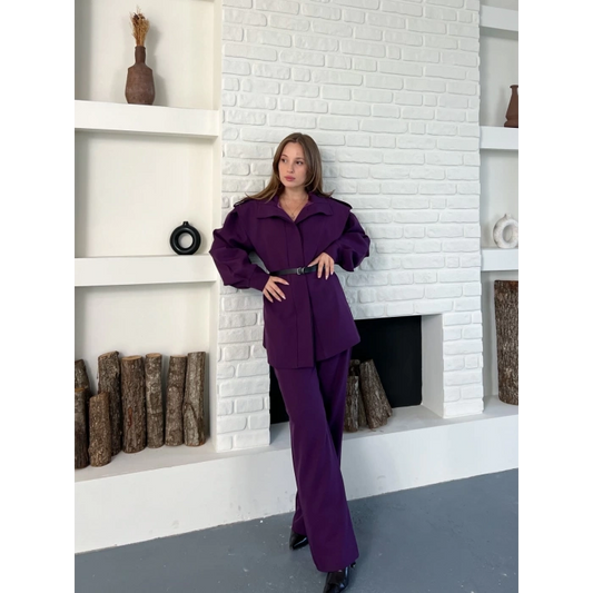 Omuz Vatkalı Kemerli İki Takım Mor