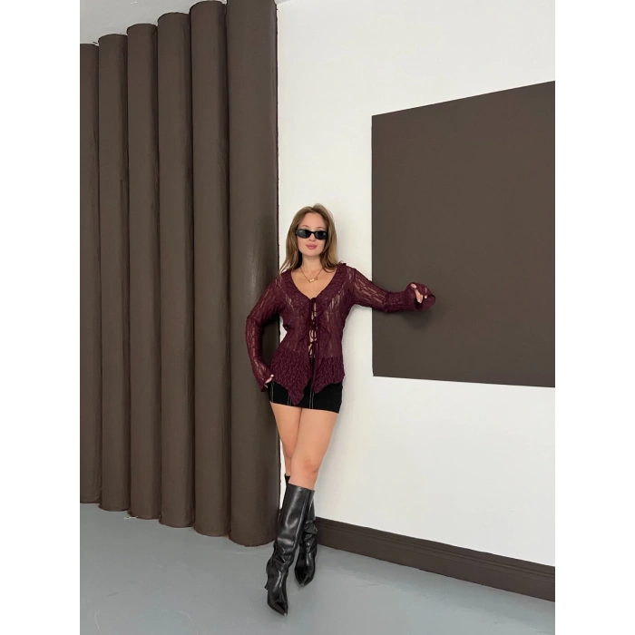 Önden Bağlama Transparan Bluz Bordo