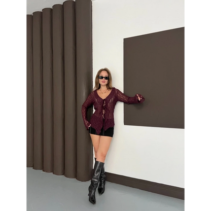 Önden Bağlama Transparan Bluz Bordo