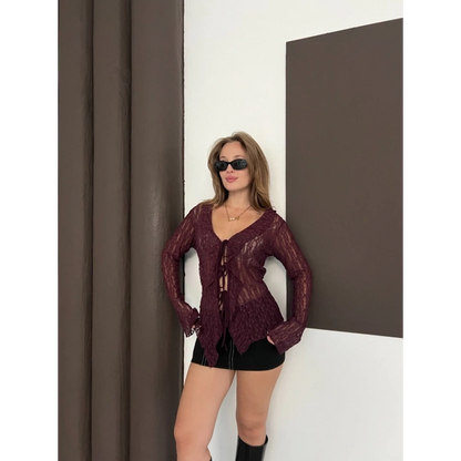 Önden Bağlama Transparan Bluz Bordo