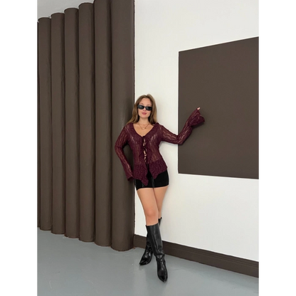 Önden Bağlama Transparan Bluz Bordo
