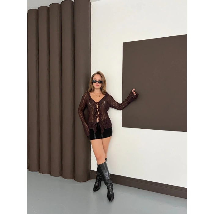 Önden Bağlama Transparan Bluz Kahverengi